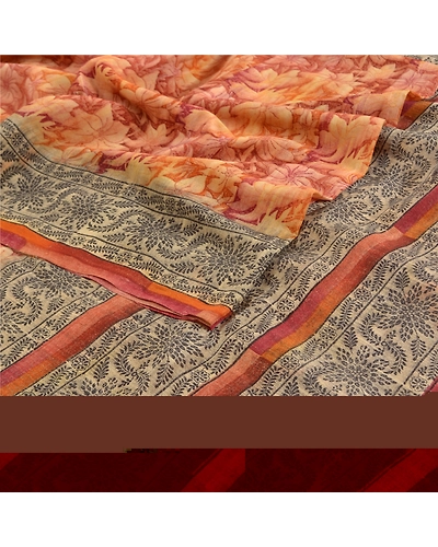 Sanskriti Vintage Brown Sarees Pure Crepe Silk Printed Sari Soft Craft Fabric, PRC-15662-Brown-Printed Floral Design-Pure Crepe Silk-2