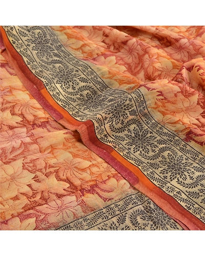 Sanskriti Vintage Brown Sarees Pure Crepe Silk Printed Sari Soft Craft Fabric, PRC-15662-Brown-Printed Floral Design-Pure Crepe Silk-5