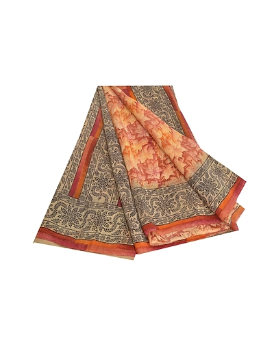 Sanskriti Vintage Brown Sarees Pure Crepe Silk Printed Sari Soft Craft Fabric, PRC-15662-Brown-Printed Floral Design-Pure Crepe Silk-7