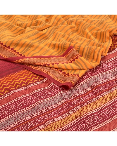 Sanskriti Vintage Mustard Sarees 100% Pure Crepe Silk Printed Sari Craft Fabric, PRC-15725-Mustard-Printed Floral Design-Pure Crepe Silk-1