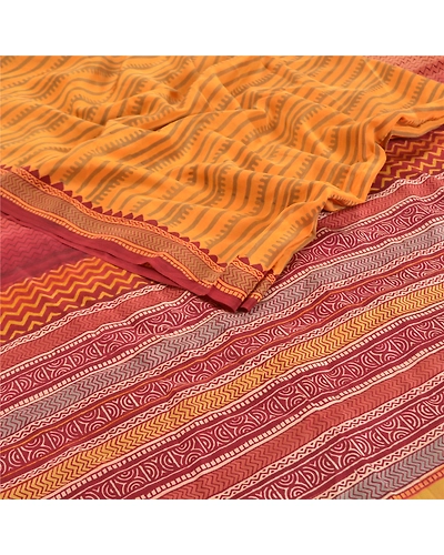 Sanskriti Vintage Mustard Sarees 100% Pure Crepe Silk Printed Sari Craft Fabric, PRC-15725-Mustard-Printed Floral Design-Pure Crepe Silk-2