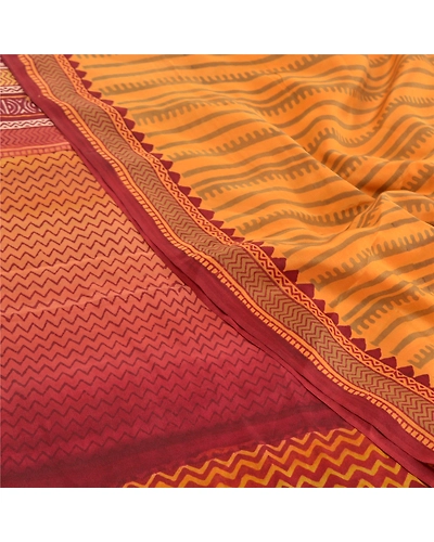 Sanskriti Vintage Mustard Sarees 100% Pure Crepe Silk Printed Sari Craft Fabric, PRC-15725-Mustard-Printed Floral Design-Pure Crepe Silk-5