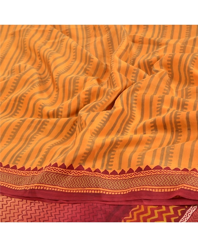 Sanskriti Vintage Mustard Sarees 100% Pure Crepe Silk Printed Sari Craft Fabric, PRC-15725-Mustard-Printed Floral Design-Pure Crepe Silk-6