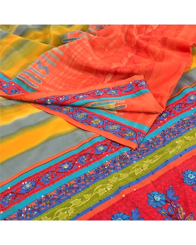 Sanskriti Vintage Multi Printed Hand Beaded Sarees Pure Crepe Silk Sari Fabric, PRC-15780-Multi-Printed Floral Design-Pure Crepe Silk-1