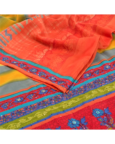 Sanskriti Vintage Multi Printed Hand Beaded Sarees Pure Crepe Silk Sari Fabric, PRC-15780-Multi-Printed Floral Design-Pure Crepe Silk-2