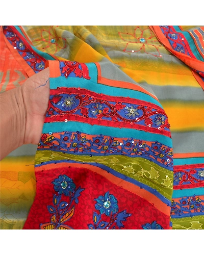 Sanskriti Vintage Multi Printed Hand Beaded Sarees Pure Crepe Silk Sari Fabric, PRC-15780-Multi-Printed Floral Design-Pure Crepe Silk-3