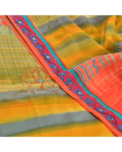 Sanskriti Vintage Multi Printed Hand Beaded Sarees Pure Crepe Silk Sari Fabric, PRC-15780-Multi-Printed Floral Design-Pure Crepe Silk-5