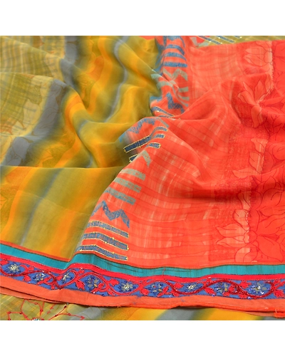 Sanskriti Vintage Multi Printed Hand Beaded Sarees Pure Crepe Silk Sari Fabric, PRC-15780-Multi-Printed Floral Design-Pure Crepe Silk-6