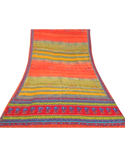 Sanskriti Vintage Multi Printed Hand Beaded Sarees Pure Crepe Silk Sari Fabric, PRC-15780-Multi-Printed Floral Design-Pure Crepe Silk-8