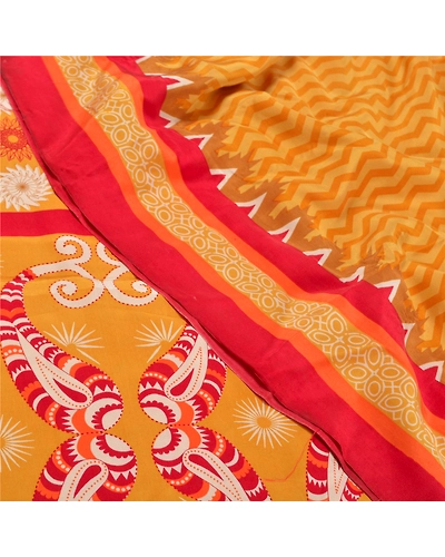 Sanskriti Vintage Mustard Pure Crepe Silk Sarees Printed Sari 5Yd Craft Fabric, PRC-15863-Mustard-Printed Floral Design-Pure Crepe Silk-5