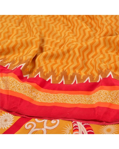 Sanskriti Vintage Mustard Pure Crepe Silk Sarees Printed Sari 5Yd Craft Fabric, PRC-15863-Mustard-Printed Floral Design-Pure Crepe Silk-6