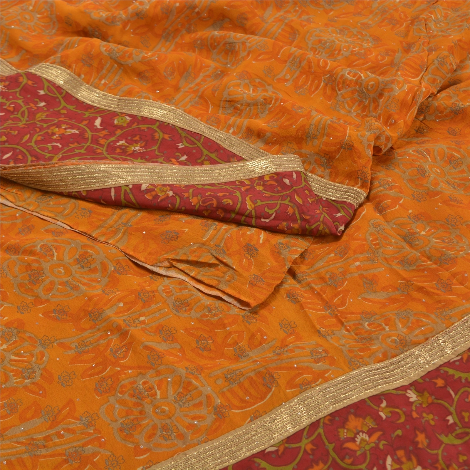 Sanskriti Vintage Saffron Blend Silk Sarees Printed Mukesh Sari 5Yd Craft Fabric, PRC-15868-Sarrron-Printed Floral Design-Blend Silk-1