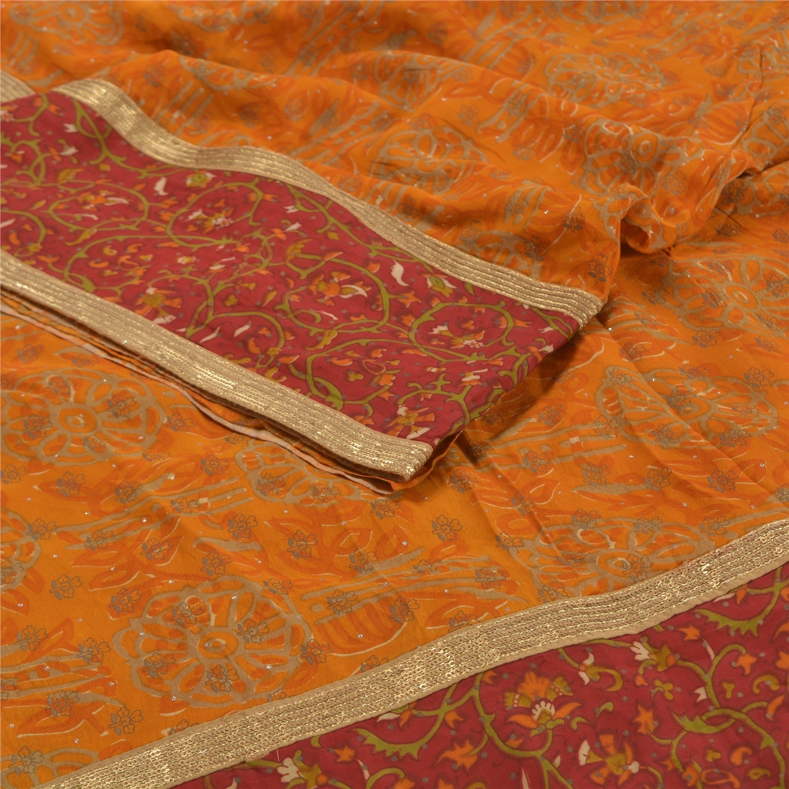 Sanskriti Vintage Saffron Blend Silk Sarees Printed Mukesh Sari 5Yd Craft Fabric, PRC-15868-Sarrron-Printed Floral Design-Blend Silk-2