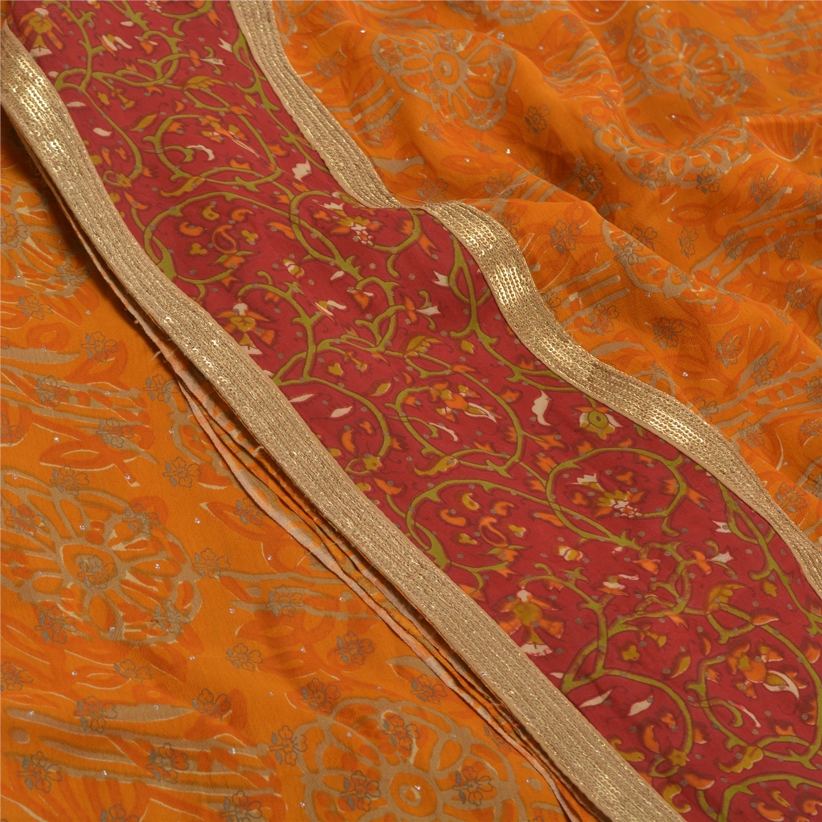 Sanskriti Vintage Saffron Blend Silk Sarees Printed Mukesh Sari 5Yd Craft Fabric, PRC-15868-Sarrron-Printed Floral Design-Blend Silk-5