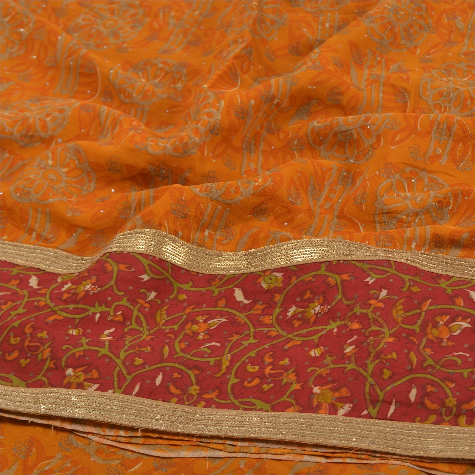 Sanskriti Vintage Saffron Blend Silk Sarees Printed Mukesh Sari 5Yd Craft Fabric, PRC-15868-Sarrron-Printed Floral Design-Blend Silk-6