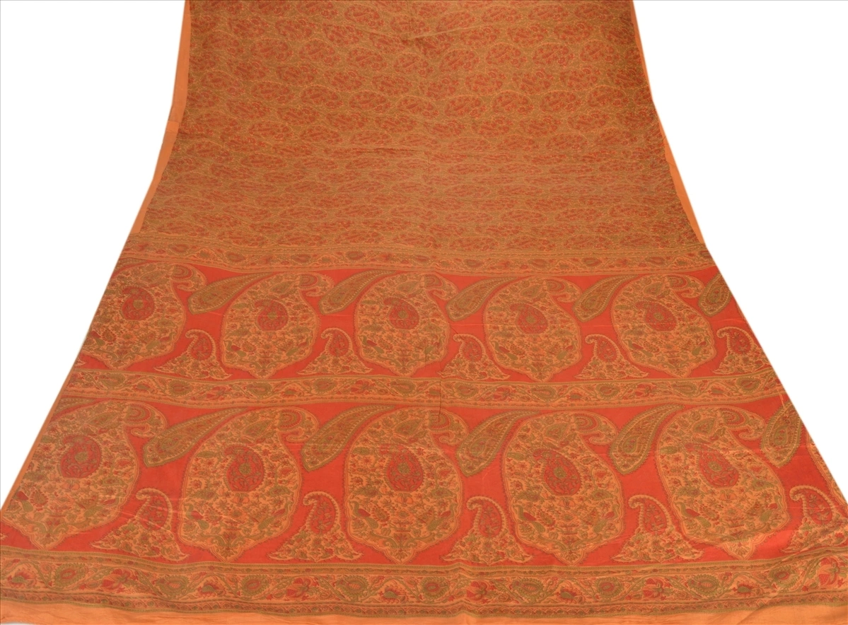 Sanskriti Vintage Indian Sari 100% Pure Silk Sarees Orange Printed Sarees Fabric, PRC-159-Orange-Printed Floral Design-Pure Silk-7