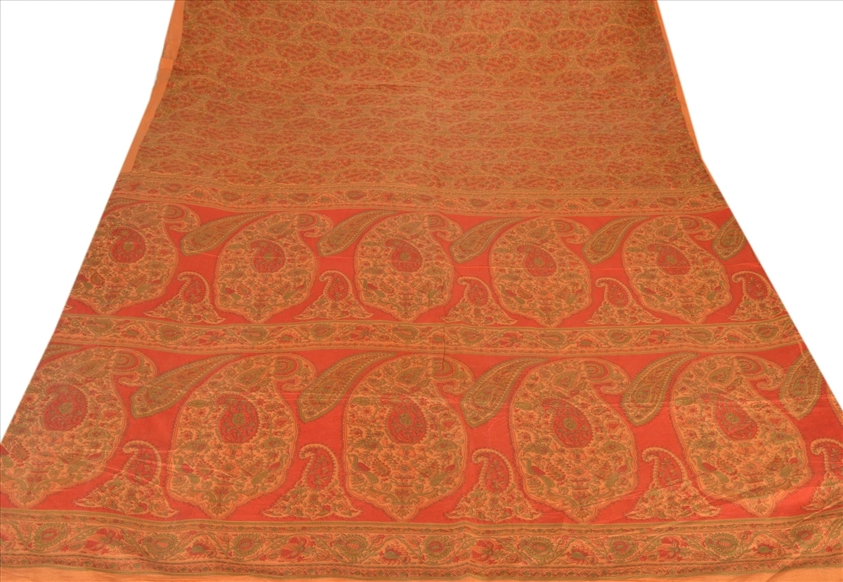 Sanskriti Vintage Indian Sari 100% Pure Silk Sarees Orange Printed Sarees Fabric, PRC-159-Orange-Printed Floral Design-Pure Silk-8