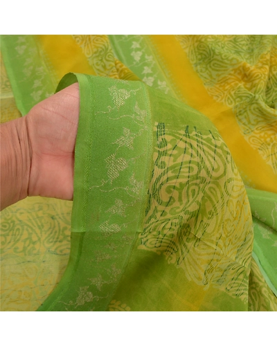 Sanskriti Vintage Green Indian Printed Sari Pure Crepe Silk Sarees Craft Fabric, PRC-15901-Green-Printed Floral Design-Pure Crepe Silk-3