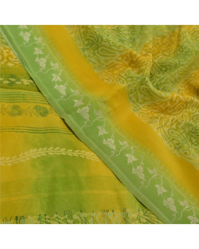 Sanskriti Vintage Green Indian Printed Sari Pure Crepe Silk Sarees Craft Fabric, PRC-15901-Green-Printed Floral Design-Pure Crepe Silk-5