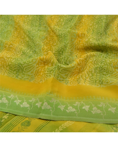 Sanskriti Vintage Green Indian Printed Sari Pure Crepe Silk Sarees Craft Fabric, PRC-15901-Green-Printed Floral Design-Pure Crepe Silk-6