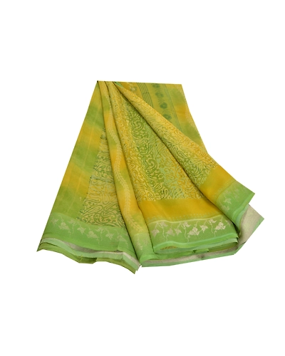 Sanskriti Vintage Green Indian Printed Sari Pure Crepe Silk Sarees Craft Fabric, PRC-15901-Green-Printed Floral Design-Pure Crepe Silk-7