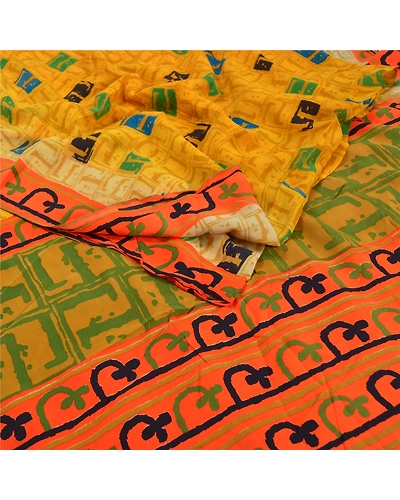 Sanskriti Vintage Sari Mustard Indian Pure Crepe Silk Print Sarees Craft Fabric, PRC-15909-Mustard-Printed Floral Design-Pure Crepe Silk-1