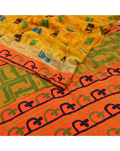 Sanskriti Vintage Sari Mustard Indian Pure Crepe Silk Print Sarees Craft Fabric, PRC-15909-Mustard-Printed Floral Design-Pure Crepe Silk-2