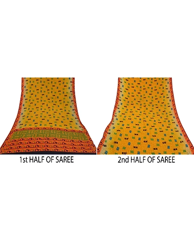 Sanskriti Vintage Sari Mustard Indian Pure Crepe Silk Print Sarees Craft Fabric, PRC-15909-Mustard-Printed Floral Design-Pure Crepe Silk-4