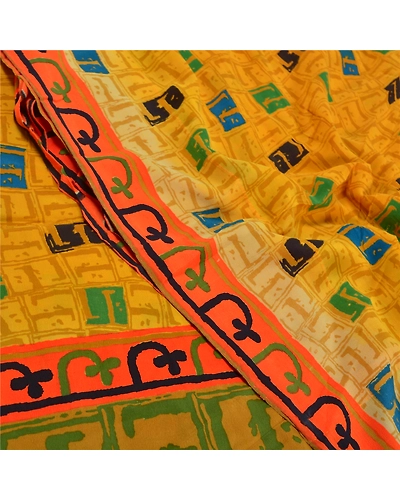Sanskriti Vintage Sari Mustard Indian Pure Crepe Silk Print Sarees Craft Fabric, PRC-15909-Mustard-Printed Floral Design-Pure Crepe Silk-5