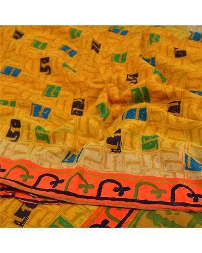 Sanskriti Vintage Sari Mustard Indian Pure Crepe Silk Print Sarees Craft Fabric, PRC-15909-Mustard-Printed Floral Design-Pure Crepe Silk-6