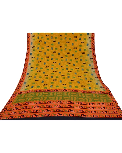 Sanskriti Vintage Sari Mustard Indian Pure Crepe Silk Print Sarees Craft Fabric, PRC-15909-Mustard-Printed Floral Design-Pure Crepe Silk-8