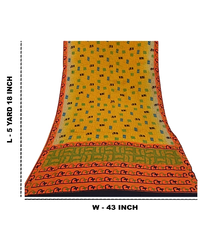 Sanskriti Vintage Sari Mustard Indian Pure Crepe Silk Print Sarees Craft Fabric, PRC-15909-Mustard-Printed Floral Design-Pure Crepe Silk-9