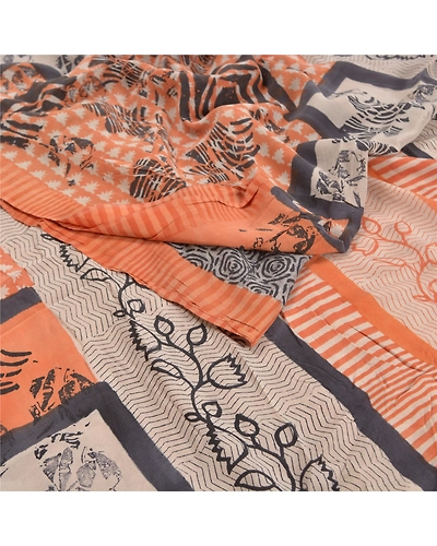 Sanskriti Vintage Peach Indian Sarees Pure Crepe Silk Printed Sari Craft Fabric, PRC-15940-Peach-Printed Floral Design-Pure Crepe Silk-1