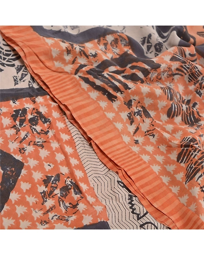 Sanskriti Vintage Peach Indian Sarees Pure Crepe Silk Printed Sari Craft Fabric, PRC-15940-Peach-Printed Floral Design-Pure Crepe Silk-5
