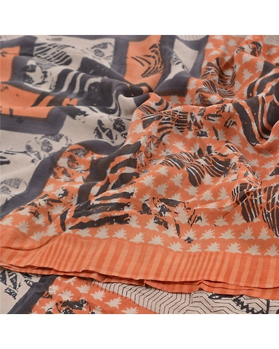 Sanskriti Vintage Peach Indian Sarees Pure Crepe Silk Printed Sari Craft Fabric, PRC-15940-Peach-Printed Floral Design-Pure Crepe Silk-6
