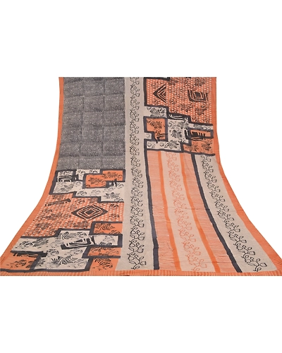 Sanskriti Vintage Peach Indian Sarees Pure Crepe Silk Printed Sari Craft Fabric, PRC-15940-Peach-Printed Floral Design-Pure Crepe Silk-8