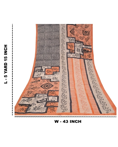 Sanskriti Vintage Peach Indian Sarees Pure Crepe Silk Printed Sari Craft Fabric, PRC-15940-Peach-Printed Floral Design-Pure Crepe Silk-9