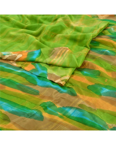 Sanskriti Vintage Green Indian Sarees Pure Crepe Silk Printed Sari Craft Fabric, PRC-15972-Green-Printed Floral Design-Pure Crepe Silk-1