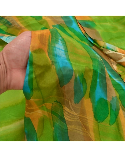 Sanskriti Vintage Green Indian Sarees Pure Crepe Silk Printed Sari Craft Fabric, PRC-15972-Green-Printed Floral Design-Pure Crepe Silk-3