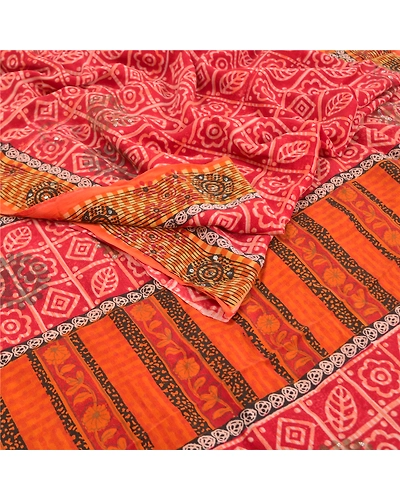 Sanskriti Vintage Red Indian Sarees Pure Crepe Silk Sparkles Sari Craft Fabric, PRC-15982-Red-Printed Floral Design-Pure Crepe Silk-1