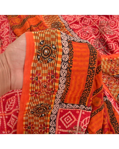 Sanskriti Vintage Red Indian Sarees Pure Crepe Silk Sparkles Sari Craft Fabric, PRC-15982-Red-Printed Floral Design-Pure Crepe Silk-3