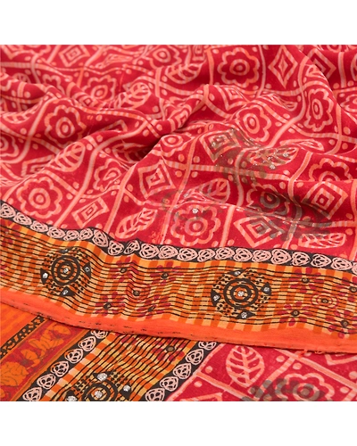 Sanskriti Vintage Red Indian Sarees Pure Crepe Silk Sparkles Sari Craft Fabric, PRC-15982-Red-Printed Floral Design-Pure Crepe Silk-6