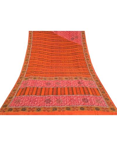 Sanskriti Vintage Red Indian Sarees Pure Crepe Silk Sparkles Sari Craft Fabric, PRC-15982-Red-Printed Floral Design-Pure Crepe Silk-8