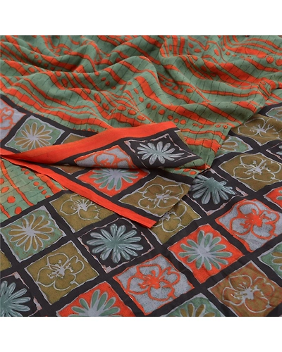 Sanskriti Vintage Green Indian Sarees Pure Crepe Silk Printed Sari Craft Fabric, PRC-15993-Green-Printed Floral Design-Pure Crepe Silk-1