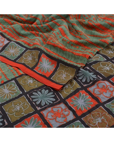 Sanskriti Vintage Green Indian Sarees Pure Crepe Silk Printed Sari Craft Fabric, PRC-15993-Green-Printed Floral Design-Pure Crepe Silk-2