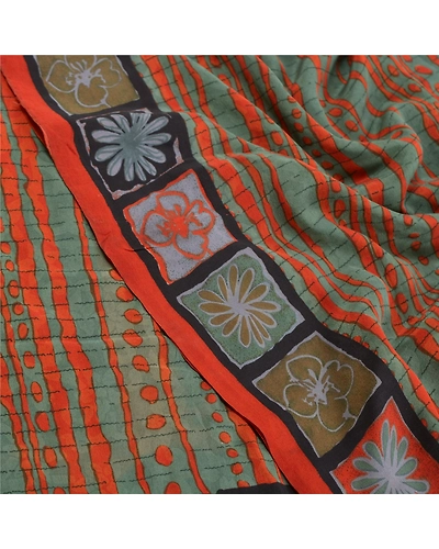 Sanskriti Vintage Green Indian Sarees Pure Crepe Silk Printed Sari Craft Fabric, PRC-15993-Green-Printed Floral Design-Pure Crepe Silk-5
