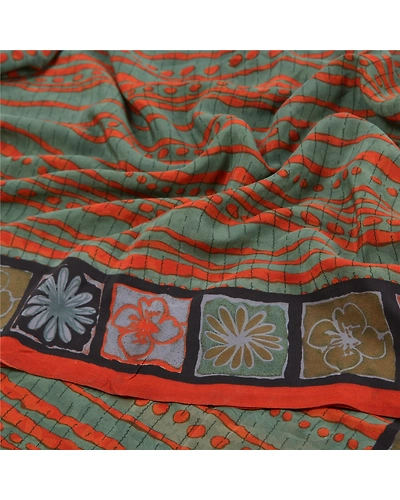 Sanskriti Vintage Green Indian Sarees Pure Crepe Silk Printed Sari Craft Fabric, PRC-15993-Green-Printed Floral Design-Pure Crepe Silk-6
