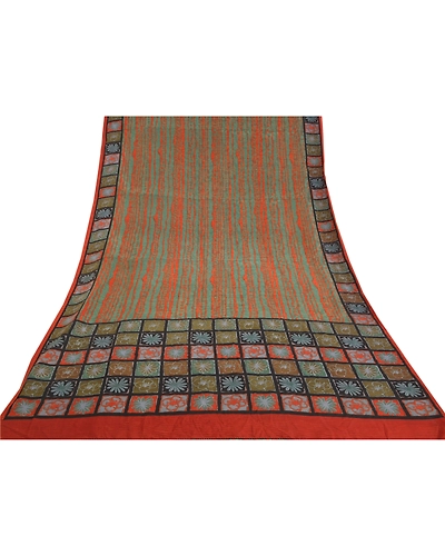 Sanskriti Vintage Green Indian Sarees Pure Crepe Silk Printed Sari Craft Fabric, PRC-15993-Green-Printed Floral Design-Pure Crepe Silk-8
