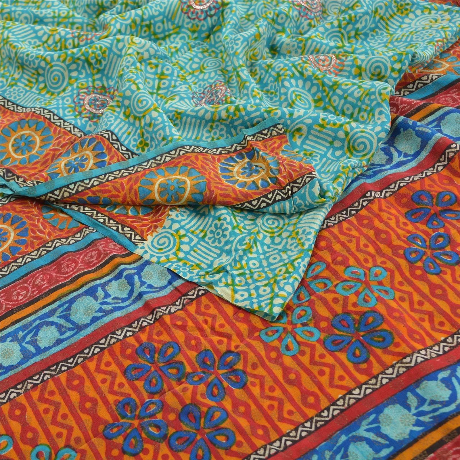 Sanskriti Vintage Sea Green Sarees Pure Crepe Silk Printed Sari 5Yd Craft Fabric, PRC-16021 image 2