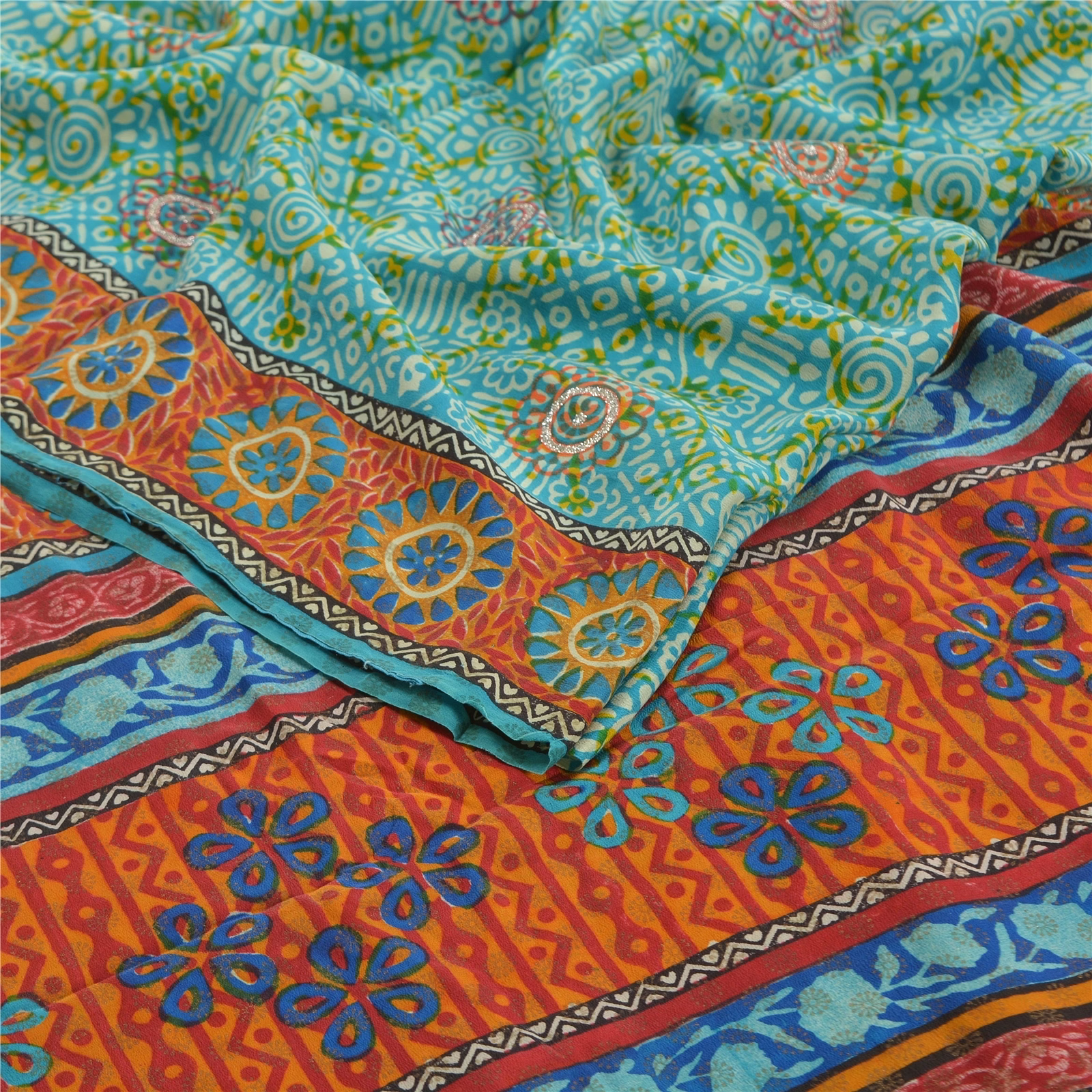 Sanskriti Vintage Sea Green Sarees Pure Crepe Silk Printed Sari 5Yd Craft Fabric, PRC-16021 image 3
